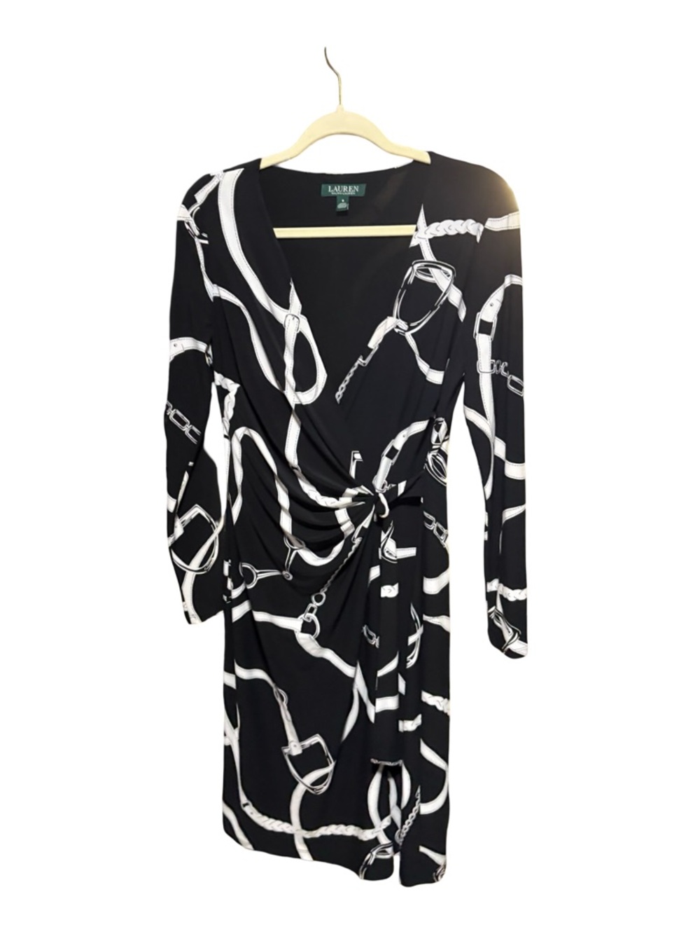 Lauren Ralph Lauren Black & White Chain Link Equestrian Wrap Dress Size 8